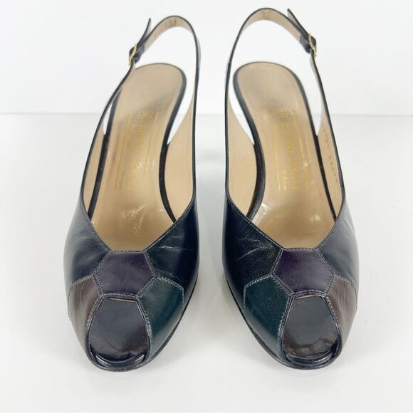 Vintage Bruno Magli Patchwork Leather Slingback Heels Peep Toe Buckle 8.5 AA - Picture 3 of 13